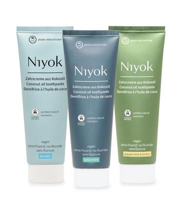 Niyok toothpaste made of organic coconut oil (3x75ml) tooth cleaning for fresh mouthfeel Intensive care & long -lasting freshness toothpaste without fluoride different flavors ice mint + spearmint + pepfermint