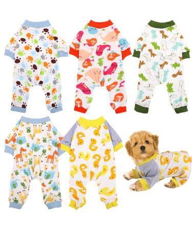 URATOT 5 Pieces Puppy Dog Pajamas Pet Jumpsuit Soft Puppy Rompers Pet Dog Cute Clothes Onesies Puppy Bodysuits for Pet Puppy Dog Cat, 5 Styles (Medium) Dog Paw, Dinosaur, Mermaid, Yellow Duck, Giraffe Medium