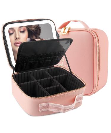 MOMIRA Travel Makeup Case with Large Lighted Mirror Partitionable Cosmetic Bag Professional Cosmetic Artist Organizer, Waterproof Portable, Accessories/ Tools Case Pink Mirrorpink01