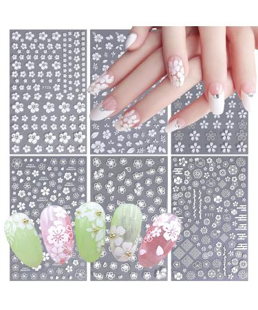 6 Sheets Flower Nail Art Stickers White Flower Nail Decals Cherry Blossom Leaves Nail Designs 3D Self-Adhesive Nail Art Supplies Floral Nail Stickers Manicure Decoration Accessories for Women Design 11