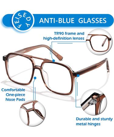 FEISEDY Aviator Blue Light Blocking Glasses - Oversized Square Fake Nerd Clear Computer Glasses TR Frame B0158 - Transparent Coffee 53mm - Buy Online on GoSupps.com