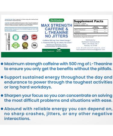 Max Strength Caffeine L Theanine Pills (200mg/500mg) - No Jitters Peak Energy, Focus, Performance, Alertness - Caffeine Pills & L-Theanine Capsules, No Crash & Drowsiness, Potent Supplement, 60 Count 60 Count (Pack of 1) - Buy Online on GoSupps.com