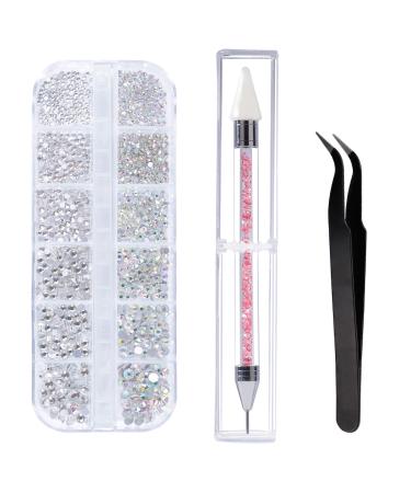 Rhinestones 6 Sizes Flat Back AB Crystal Nail Art Rhinestones and Clear Crystal Rhinestones with Pick Up Tweezer and Rhinestone Picker Dotting Pen for Nails Clothes Face And Crafts 1440 Pieces