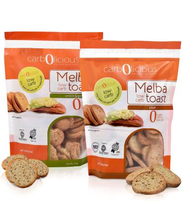 Low Carb Melba Toast 2-Pack By Carb-o-licious , Sugar Free Keto Snack- 1 Net Carb Per Serving- Kosher Friendly Crunchy Healthy Bites- Variety 2-Pack 1 Plain, 1 Onion & Garlic 4oz Each