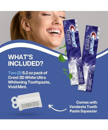 Ultra Whitening Toothpaste Bundle - Crest 3D White Vivid Mint 5.2 Oz (2-Pack) & Vendesta Squeezer | Teeth Whitening & Enamel Repair - Buy Online on GoSupps.com