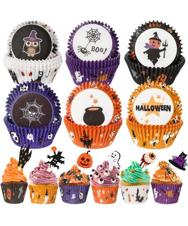 Homyplaza 150 PCS Halloween Cupcake Case Liners Holders Toppers Wrappers Disposable Baking Cups Muffin Liners for Halloween Party Decoration Standard Paper Party Supplies