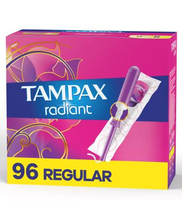 Tampax Radiant Tampons Regular Absorbency, 96 Count, BPA-Free Plastic Applicator and LeakGuard Braid, Unscented, 96 Count