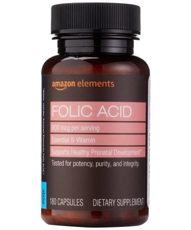 Amazon Elements - Folic Acid 800 mcg per serving Tablet 180 Count Pack of 1 Women's Dietary Supplement for Healthy Prenatal Development 6 Months of Supply 180 Count (Pack of 1)