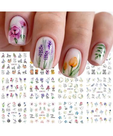 12 Sheet Flower Nail Art Stickers Water Transfer Nail Stickers of Nail Art Spring Butterfly Nail Decals Watercolor Floral Acrylic Nail Supplies Design for Women DIY Water Slider Manicure Decoration A3