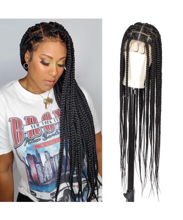 Lexqui 36 Large Square Knotless Box Braided Wigs for Women Full Double Lace Braided Wigs with Baby Hair Long Black Cornrow Lace Frontal Braids Wig Natural Looking Synthetic Braided Lace Wigs Black-Large Square Knotless