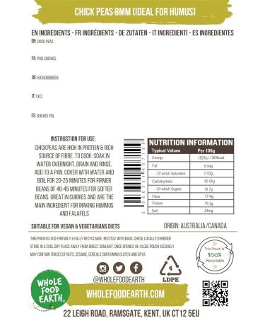Wholefood Earth Dried Chick Peas 8mm 3kg - Ideal for Hummus | GMO Free | Vegan | High Protein - Buy Online on GoSupps.com