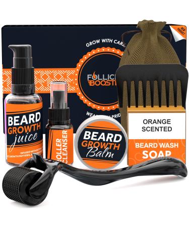 FOLLICLE BOOSTER Complete Beard Growth Kit - 6 in 1 - Coverup Your Patchy Beard in 12 Weeks - Roller  Serum Oil (1oz)  Balm (1oz)  Wash Soap  Cleanser and Comb