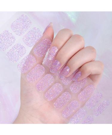 Ceboic Half hardened UV Gel Strips 22 pieces UV gel nail film self -adhesive long -lasting nailwraps salon quality gel nail polish stickers for fingers & toenails (pink purple glitter) glitter pink & purple