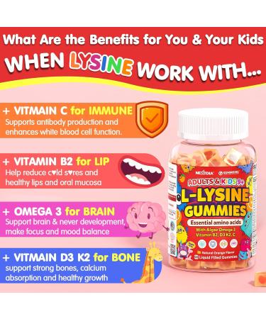 L-Lysine Gummies 500/1000mg with Algae Omega 3, Vitamin B2, D3, K2, C for Kids 9+, Teen & Adult, Lysine Supplement Support Immune, Lip & Oral, Collagen Production, Brain, Bone Health, Sugar Free 1Pack - Buy Online on GoSupps.com