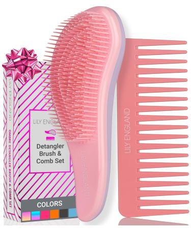 Detangle Hair Brush and Wide Tooth Comb Set Easy to Hold Detangler Hairbrush and Detangling Comb for Women and Kids for Wet or Dry Fine Curly Thick Afro Hair by Lily England (Lilac Pink) Detangler and Comb Set Lilac Pink