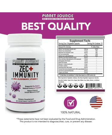 Planet Source ZEC+ Immunity - Adult Vitamins with Zinc Elderberry and Vitamin C - Natural Elderberry Immune Support Supplement for Healthy Living - 90 Count Veggie Capsules - Buy Online on GoSupps.com