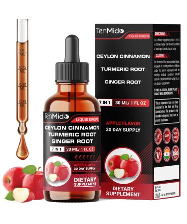 Tenmido Ceylon Cinnamon Extract Liquid Drops - 7in1 with Turmeric Berberine HCl Ginger Apple Cider Vinegar Dandelion and Black Pepper - Vegan Non-GMO - 30ml 1 Fl Oz