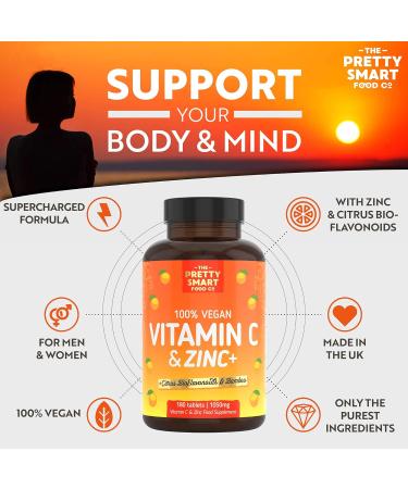 Vitamin C 1000mg with Zinc Tablets - 6 Month Supply - Immune System Booster with Citrus Bioflavonoids - 180 Tablets - UK Made - Buy Online on GoSupps.com