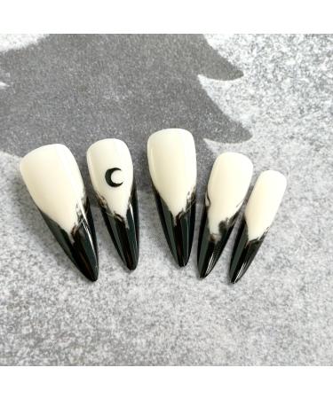 Shop Gothic Halloween Press-On Nails | Medium Almond Black French Tip Design - 24pcs Acrylic Stick-On Witch Nails for Women & Girls - Buy Online on GoSupps.com