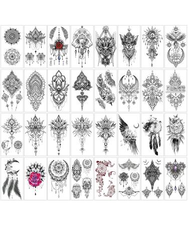 32Sheets Women Temporary Tattoo Sticker Henna Feather Mandala Datura Flowers Temp Tattoos For Women