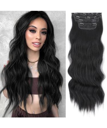 Vigorous Long Hair Extensions 24 Inches Black Clip in Hair Extensions for Women Synthetic Wavy Hair Extension 24 Inch Black