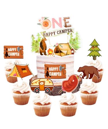 LaVenty 25 PCS One Happy Camper Cake Topper Camping Party Cupcake Toppers Camping Party Supplies Happy Camping Party Favors Pink Brown
