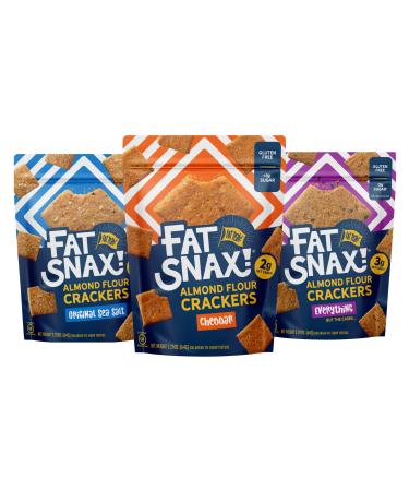 Fat Snax Low-Carb Keto Crackers, Variety Pack, 2.25 Ounce (Pack of 3), Cheddar, Everything and Sea Salt Almond Flour Crackers, Certified Gluten-Free, Low Sugar Snack, 2-3g Net Carbs, 11g Fat Variety Pack 2.25 Ounce (Pack of 3)