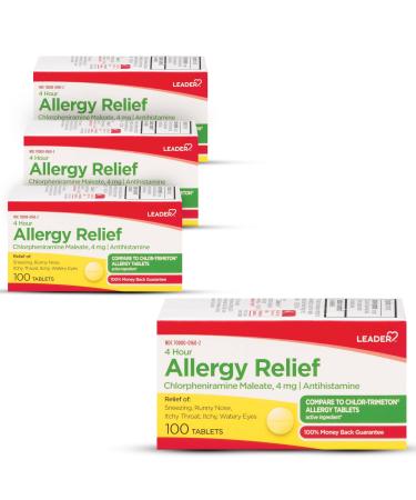 Leader 4 Hour Allergy Relief Chlorpheniramine Maleate Tablets Antihistamine 4 mg 100 Count Pack of 3