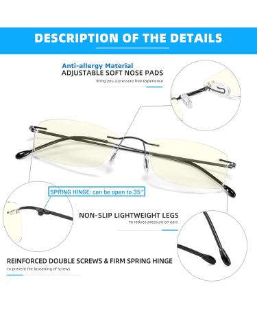 Titanium Rimless Reading Glasses - Blue Light & UV Blocking Ultralight Frameless Spring Hinge - 2 Pairs (Gunmetal/Silver +1.5) - Stylish & Functional for Men & Women - Buy Online on GoSupps.com