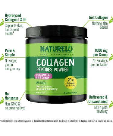 NATURELO Collagen Peptide Powder Hydrolyzed Collagen Type I & III Skin Hair & Joint Health - Unflavored 16 Ounces | 45 Servings Collagen 1 Pound (Pack of 1) - Buy Online on GoSupps.com