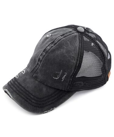 C.C Washed Distressed Cotton Denim Ponytail Hat Adjustable Baseball Cap (BT-12)(BT-13)(BT-14)(BT-15)(BT-18)(BT-780)(BT-791) Black