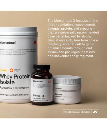 Momentous Three - Creatine Monohydrate Powder (30 Servings), Grass-Fed Whey Protein Powder (Vanilla) & Omega-3 Fish Oil 1600mg - Daily Essentials for Strength, Performance & Lean Muscle Recovery - Buy Online on GoSupps.com
