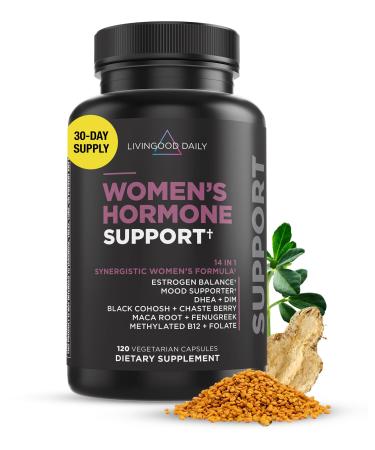 Livingood Daily Women's Hormone Support - Better Mood Hormonal Balance PMS Relief & Menopause Supplements - Estrogen Supplement for Women w/Fenugreek Black Cohosh Chasteberry & DIM - 120 Capsules