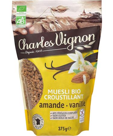 Charles Vignon - Crispy Almond & Vanilla Gluten Free Organic Muesli - Rich in Fiber, Resealable Bag of 375g - Made in France