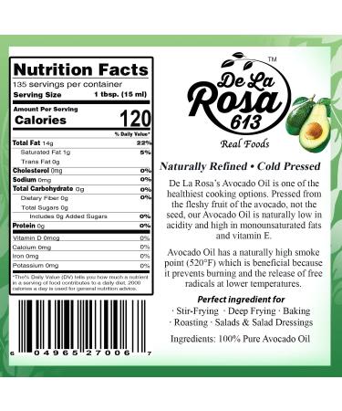 De La Rosa 100% Pure Avocado Oil - Kosher, Vegan, Non-GMO, Gluten Free, High Smoke Point Cooking Oil - 67.6 Oz (2L) - Buy Online on GoSupps.com