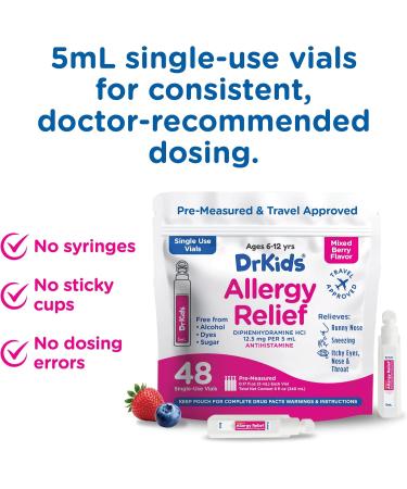 Dr. Kids Children's Allergy Relief Medicine with Diphenhydramine HCl 12.5 mg - Pre-Measured Single-Use Vials Kids Antihistamine for Sneezing Runny Nose & Itchy Eyes Mixed Berry Flavor 48 Count - Buy Online on GoSupps.com
