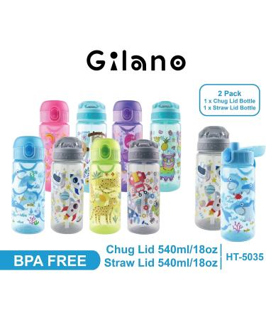 GILANO 18oz Kids Water Bottles 2 Pack - BPA-Free Leak Proof Straw Bottles with Chugger Lid, Carrying Handle - Leopard/Robot Design for Boys and Girls - Buy Online on GoSupps.com