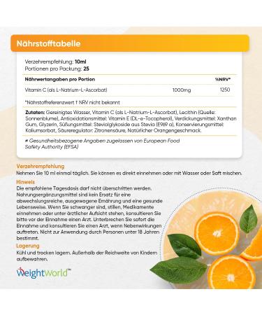 Liposomal Vitamin C 250ml - 1000mg Daily Dose for Immune Support Energy & Skin - Vegan & Sugar-Free Orange Drops - High Bioavailability - Weightworld - Buy Online on GoSupps.com