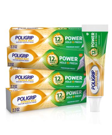 Super Poli-Grip Power Max Power Hold + Fresh Denture Cream, Premium Peppermint - 2.2 oz x 4