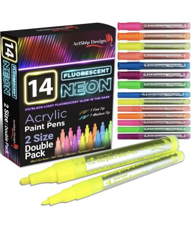 14 Pack Neon UV Fluorescent Acrylic Paint Pens Double Pack of Both Extra Fine and Medium Tip Paint Markers for Rock Painting Mug Ceramic Glass and More Water Based Non-Toxic and No Odor Fluorescent Neon