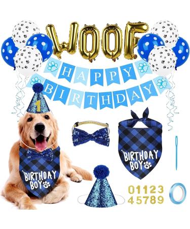 Dog-birthday party accessories dog birthday bandana hat banner set woof balloons happy birthday banner puppies cats birthday party decorations blue gold black - Buy Online on GoSupps.com