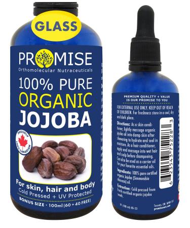 100ml (3.4oz) ORGANIC JOJOBA Oil 100% Pure Moisturizing Oil skin hair and body Unrefined Hexane Free Natural Cold Pressed + UV Protected Carrier Oil Certified Organic Made in Canada (100ml) 100 ml (Pack of 1)