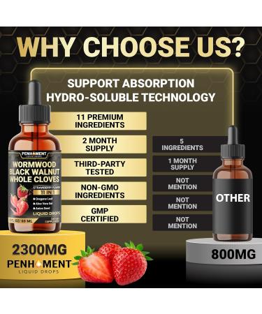 Penhoment 11in1 Wormwood Liquid Drops - Black Walnut Wormwood Liquid Extract with Whole Cloves, Reishi, Peppermint, Oregano, Aloe Vera, Anise Seed - 2 FL OZ - 60 Days Supply - Strawberry Flavor - Buy Online on GoSupps.com
