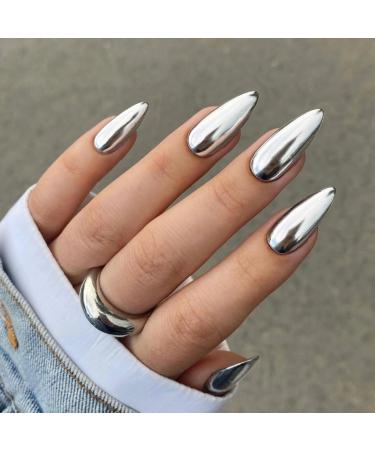 Lustrous Sliver Chrome Press on Nails Medium Almond Fake Nails Metallic Mirrored Acrylic Nails Glue on Glossy Stiletto False Nails for Women Reusable Stick On Nails 12 Sizes - 24 Nails Kit Metallic Silver
