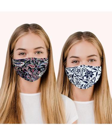 Face Masks with Nose Wire Washable UK Women 3 Layers 100% Cotton Face Masks for Glasses Wearers | Reusable | Breathable | Filter Pocket | Adjustable air loops (2 x Masks) (Floral - Q)