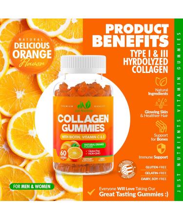 Collagen Peptides Gummies with Biotin Vitamin C & E for Women & Men - Premium Hydrolyzed Collagen Type I & III for Hair Skin & Nails Support - Gluten-Free Non-GMO - 60 Gummies (30 Servings) - Buy Online on GoSupps.com