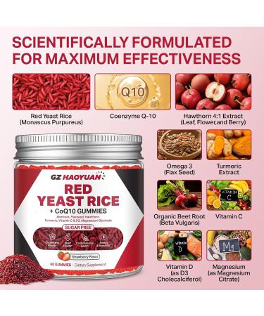 Red Yeast Rice with Coq10 Gummies Suagr Free Balanced Cholesterol Supplement - Omega-3 Turmeric Beet Root Vitamin C D Magnesium Support Healthy Heart Energy & Immunity Strawberry Flavor 60 Cts - Buy Online on GoSupps.com