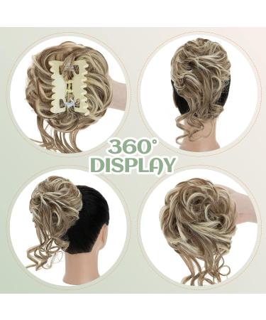 S-Noilite Claw Clip Messy Bun Hair Piece | Curly Wavy Updo Chignon Scrunchie Synthetic Ponytail Extension - Light Brown & Bleach Blonde - Buy Online on GoSupps.com