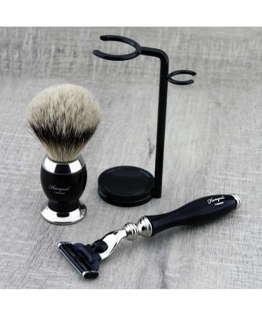 Premium Men's Shaving Set - 3-Piece Badger Hair Brush with Stand & Holder | Elegant Black Design - Buy Online on GoSupps.com