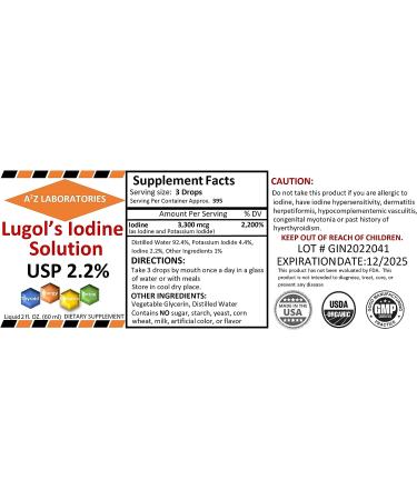 A2Z Organic Lugol's Iodine & Potassium Iodide 2.2% Solution 3300mcg - Liquid Thyroid Support Supplement 2fl oz - USA Same Day Shipping - Buy Online on GoSupps.com